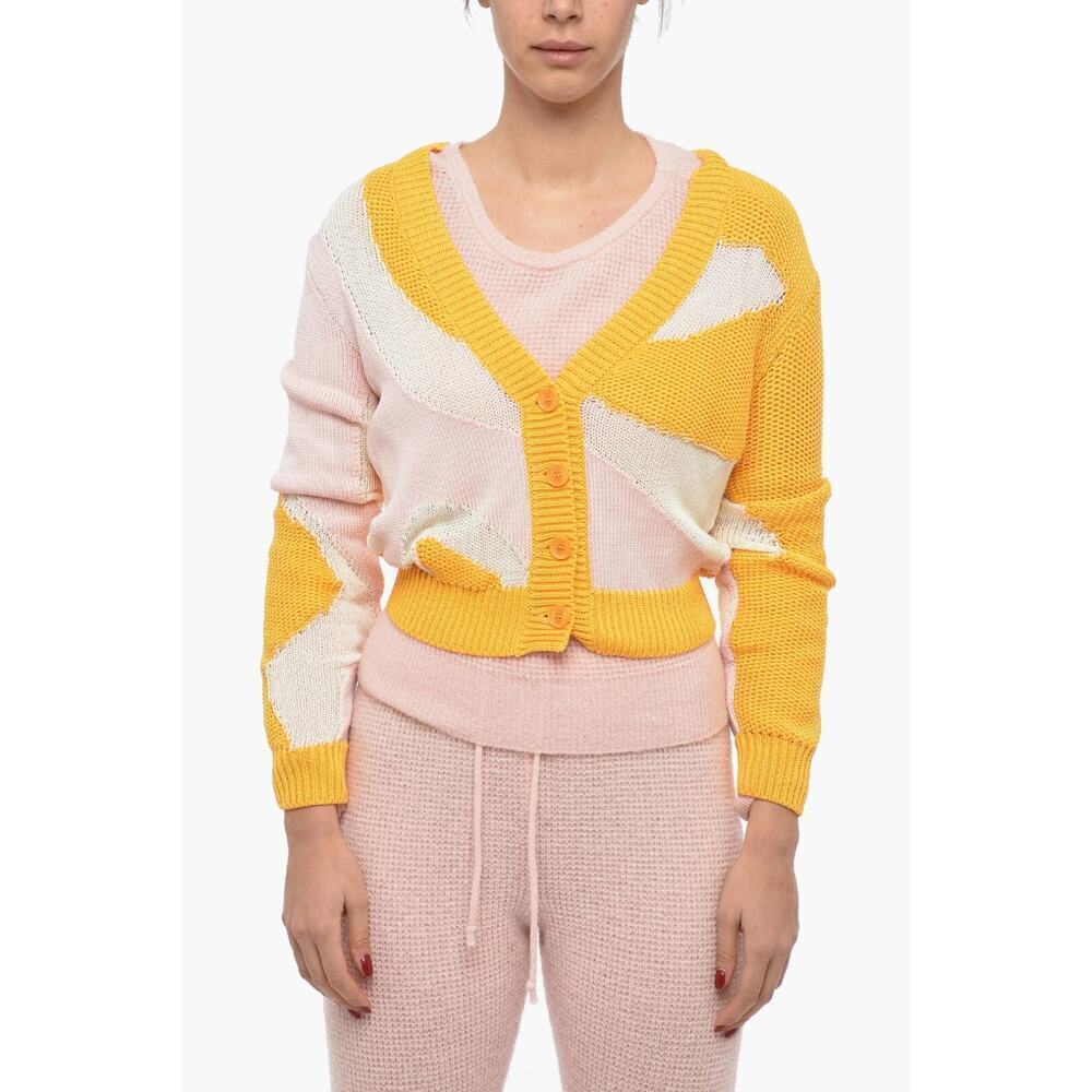 MCM See Through Inserts Color block Cotton Crop Cardigan Size S Yellow #1M455
